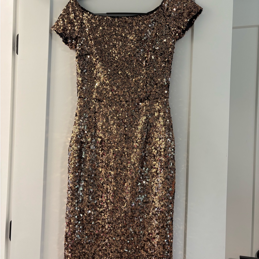 French Connection Glittering Gold and Black Midi Dress